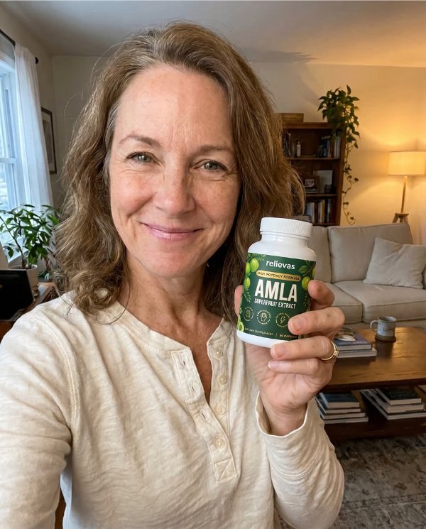 A smiling woman in a cream-colored shirt holds up a bottle of Relievas Amla Superfruit Extract.
