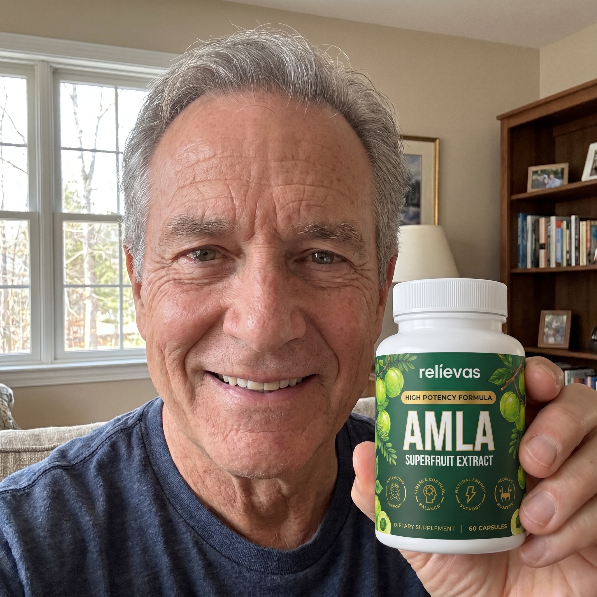 A smiling man with gray hair holds up a bottle of Relievas Amla Superfruit Extract supplements.