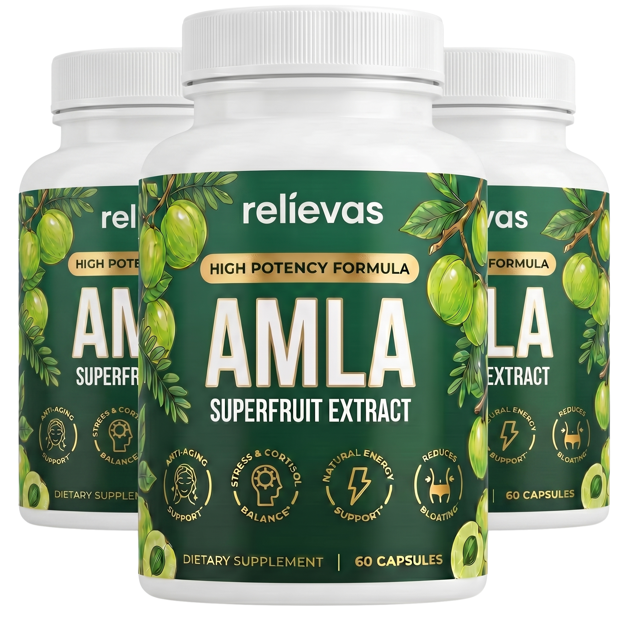 Three white bottles of Relievas Amla Superfruit Extract dietary supplement against a plain background.