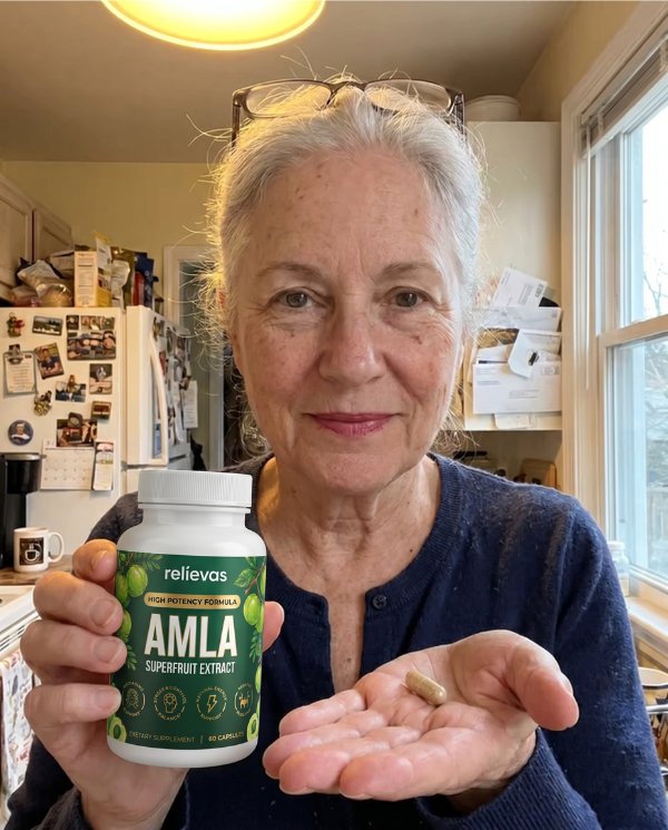 A woman with grey hair holds a bottle of Amla Superfruit Extract and a single capsule in her palm.