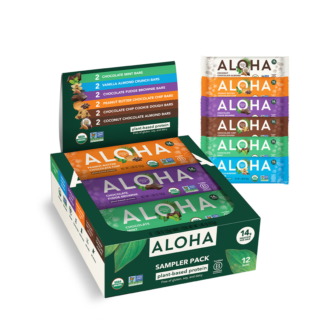 Box and individual Aloha plant-based protein bars sampler pack with various flavors displayed.