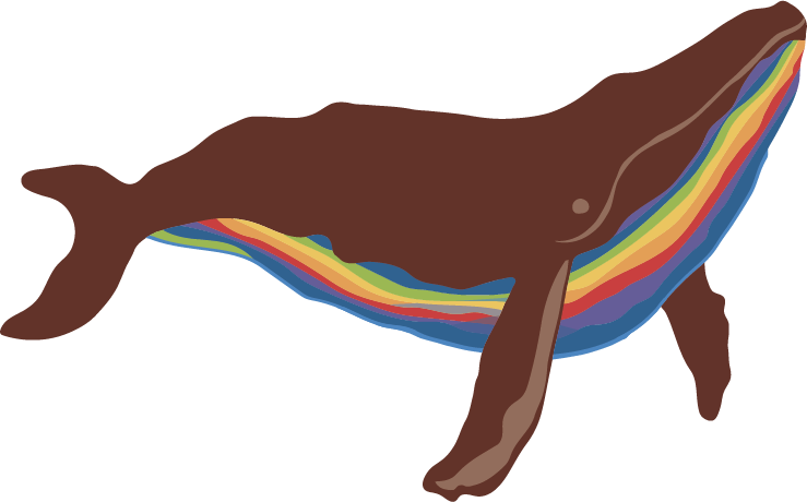 An illustration of a brown whale with a rainbow-colored underside, against a white background.