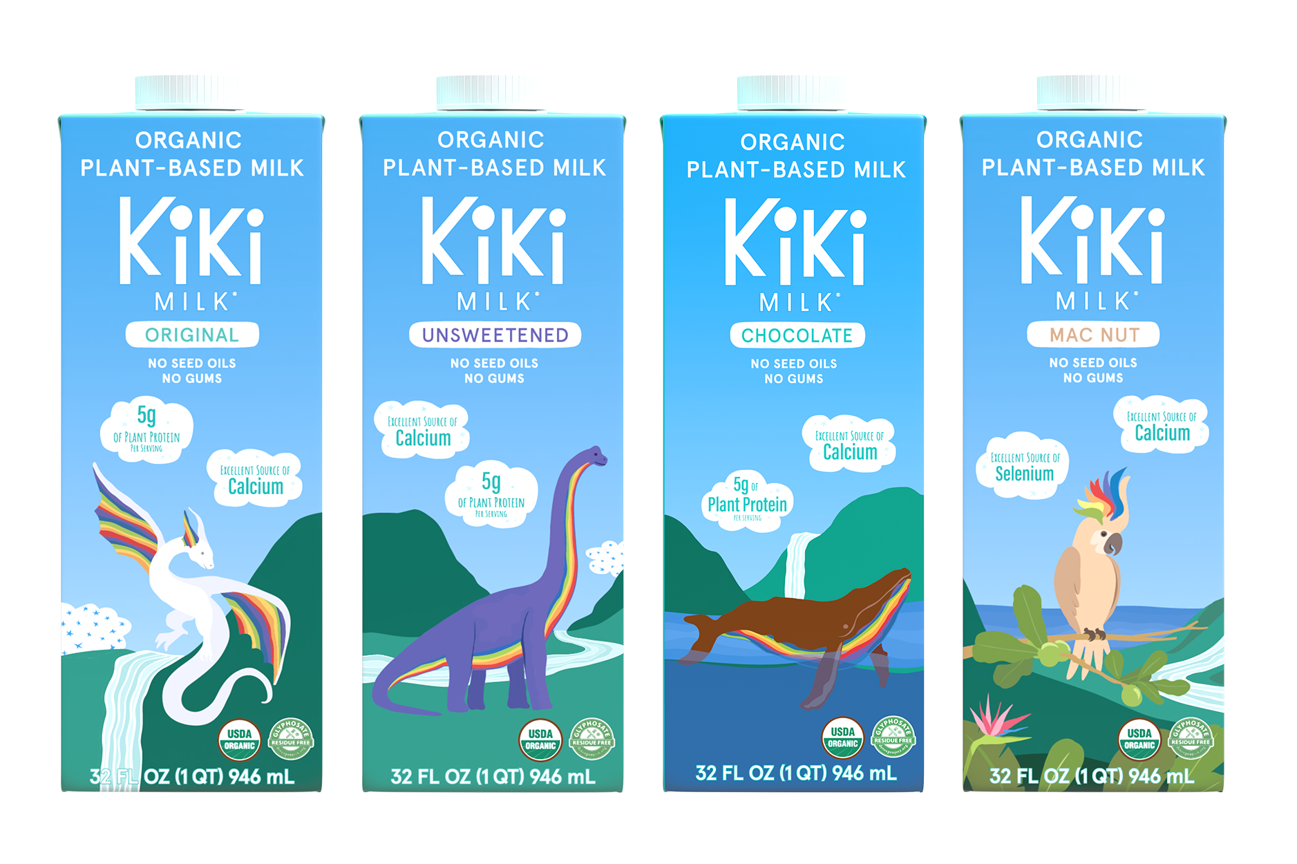 Four cartons of Kiki Milk in Original, Unsweetened, Chocolate, and Mac Nut flavors, lined up side-by-side.