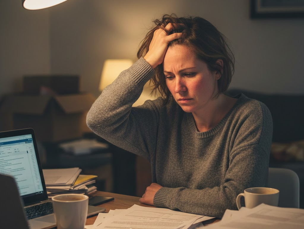 Person looking stressed at a desk with papers and a laptop.