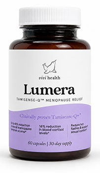 A bottle of Lumera menopause relief supplements by vivi health, containing 60 capsules.
