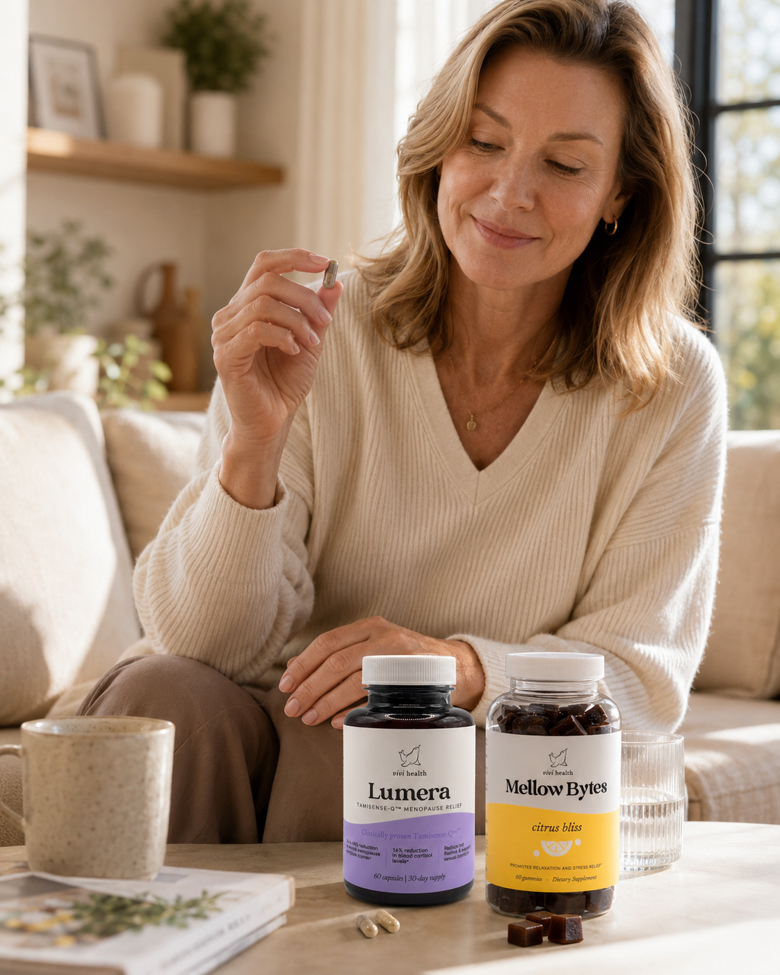 A woman sits on a couch, holding a supplement capsule, with two supplement bottles on the table.