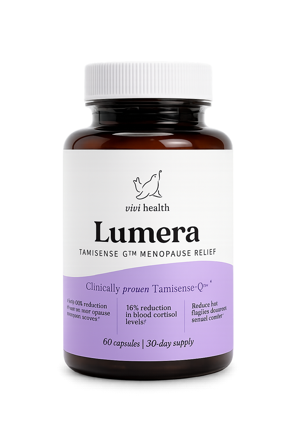 A brown bottle of Vivi Health Lumera menopause relief supplements against a plain white background.