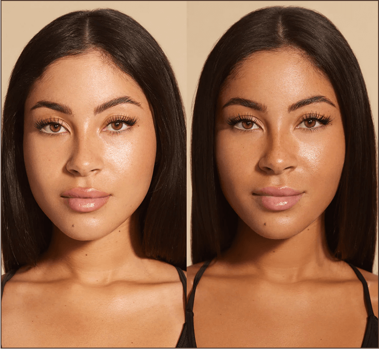 Side-by-side comparison of a woman's face with different lighting.