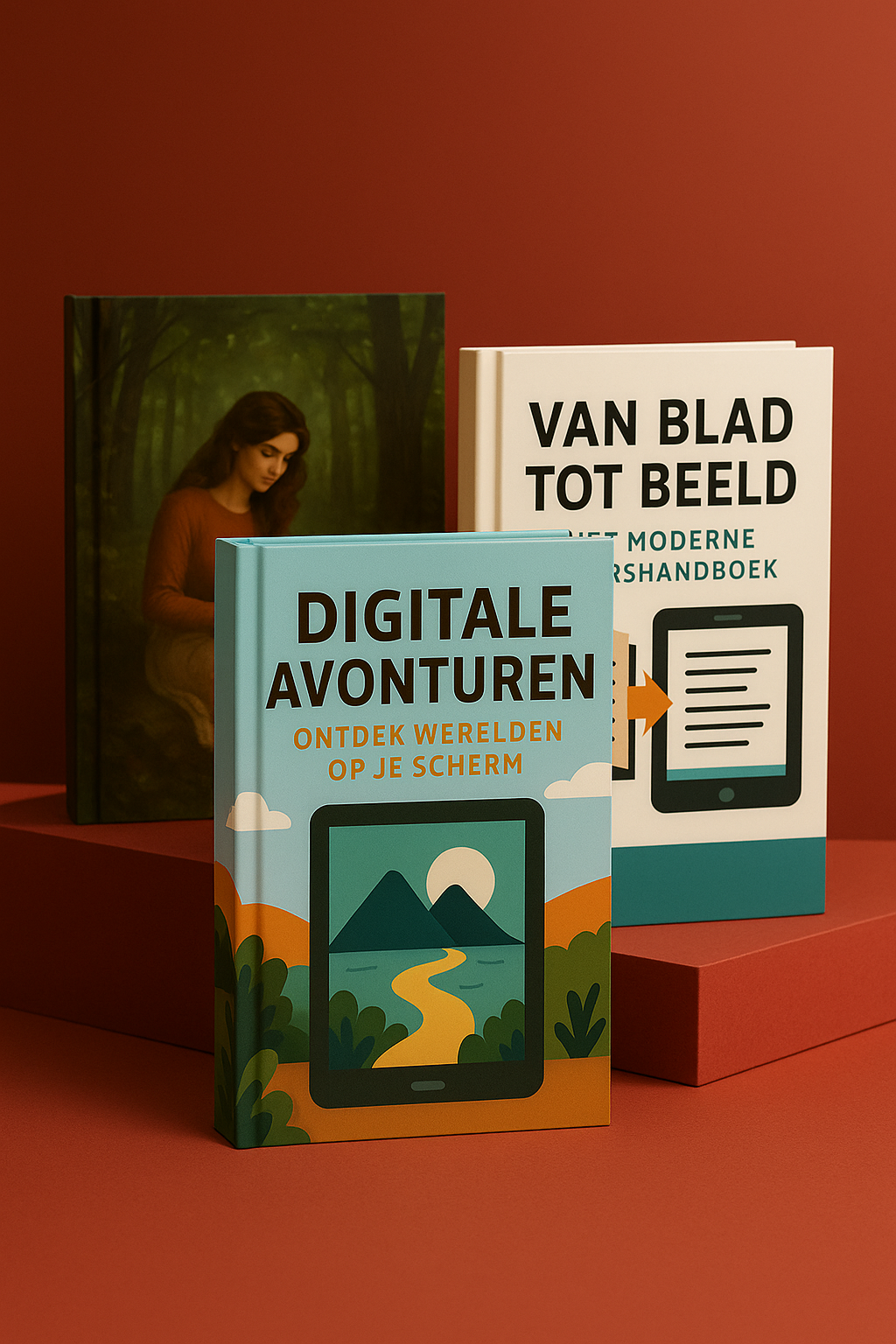 Three books standing against a red background.
