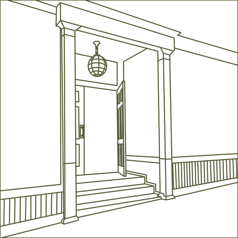 Line drawing of a staircase with open door and hanging light fixture.