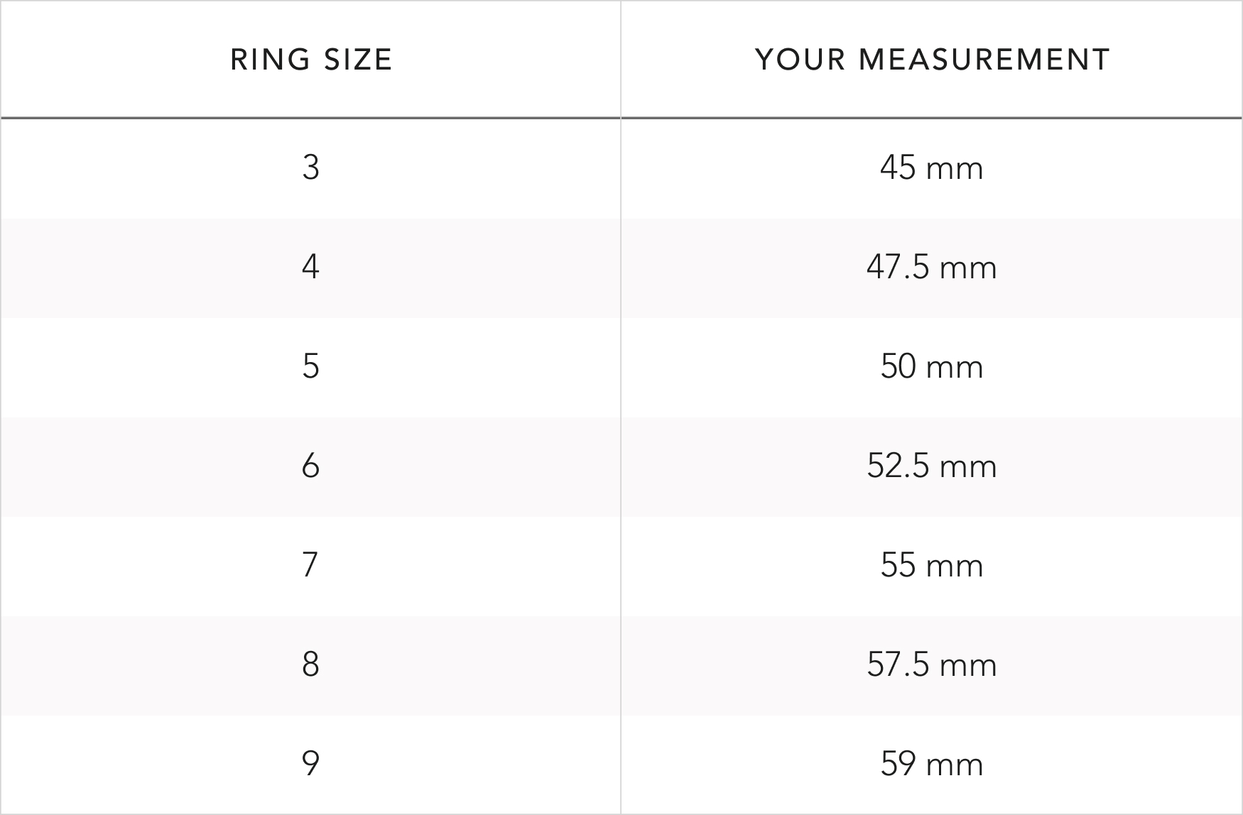 Table showing ring sizes and corresponding measurements in millimeters.