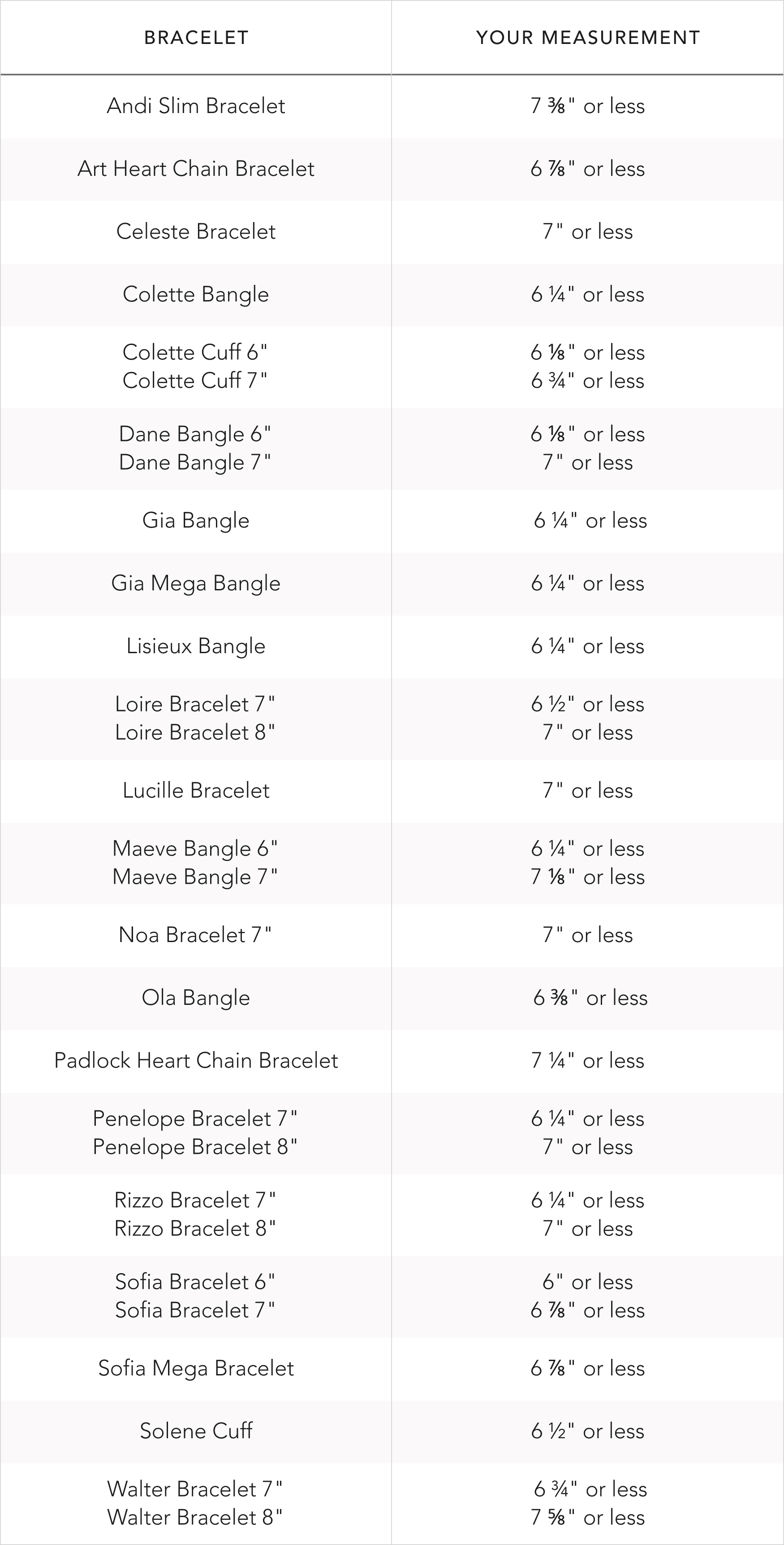 Table listing bracelet names and corresponding wrist measurements.