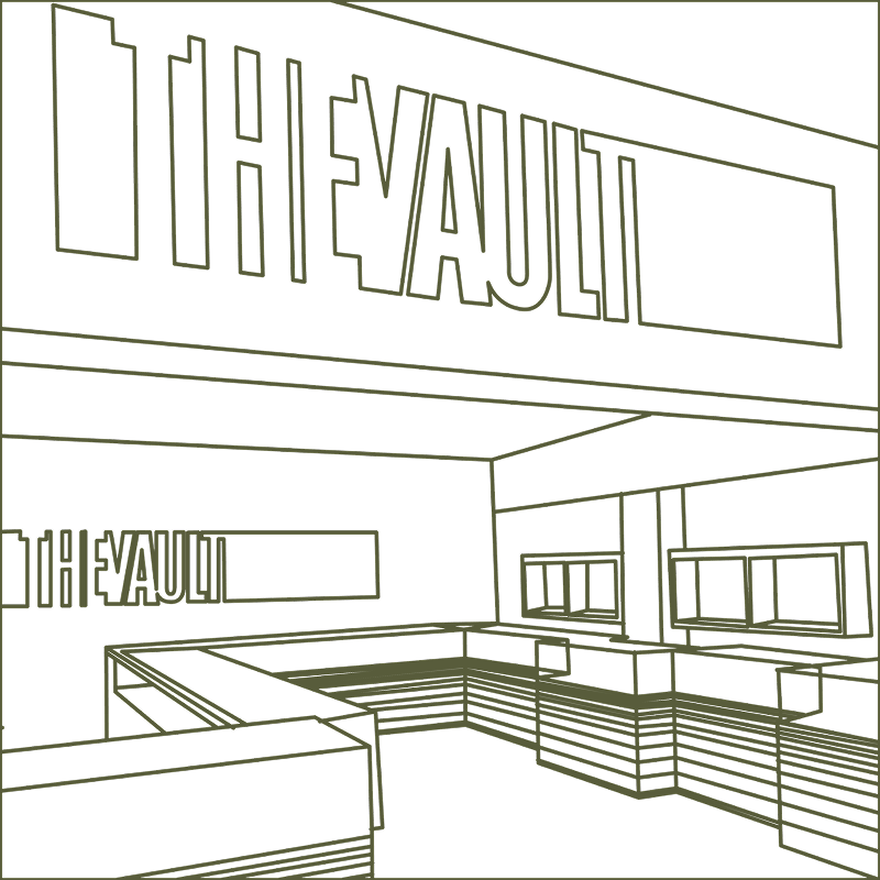 Line art of an interior space labeled 'The Vault'.