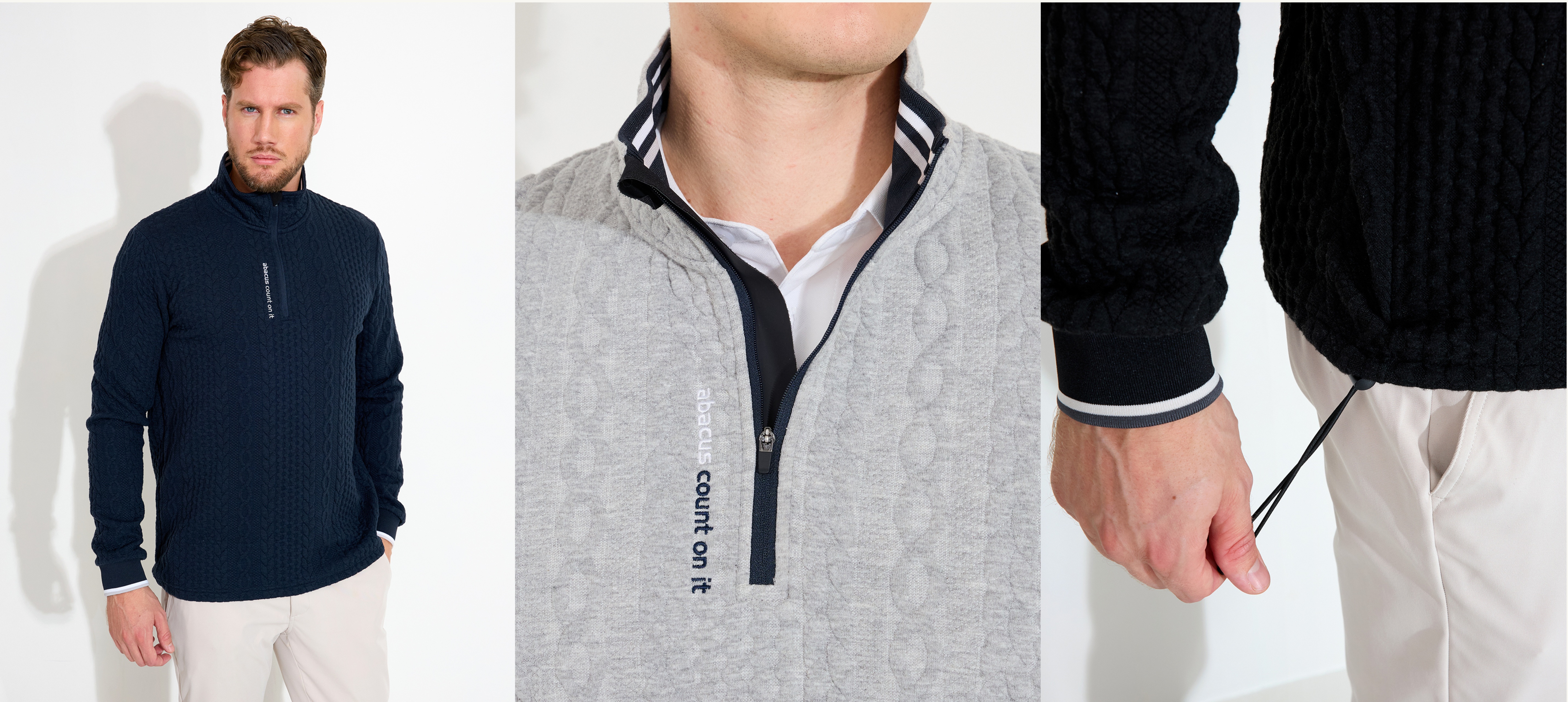 A three-panel image of a man modeling a textured quarter-zip pullover, showing various colors and details.