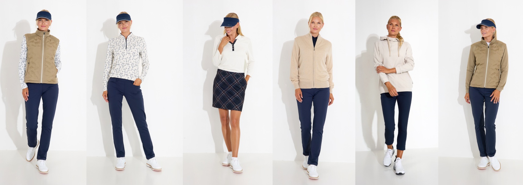 A woman modeling six different casual and athletic outfits against a white background.
