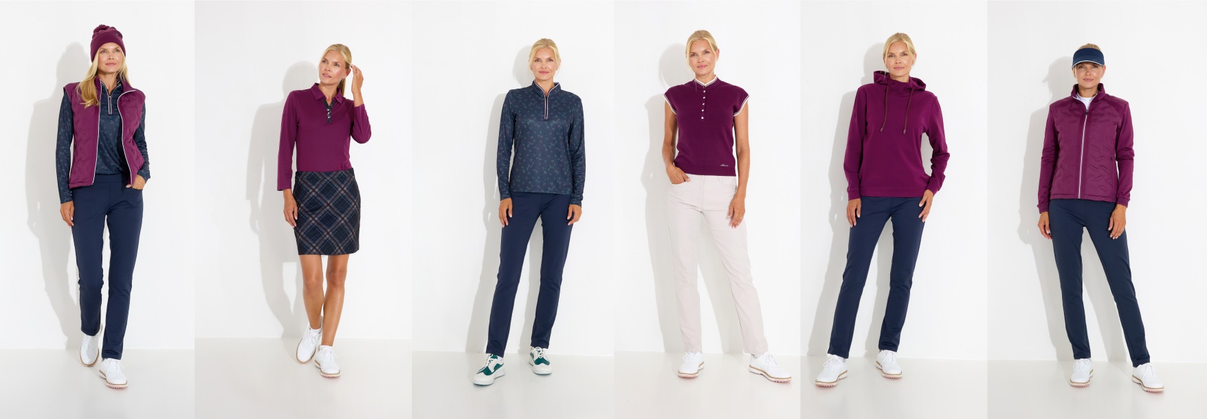A collage of a woman modeling six different athletic outfits against a white background.