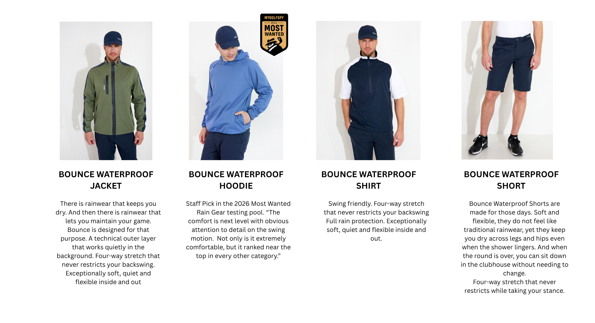 A product lineup of men modeling Bounce waterproof apparel: a jacket, hoodie, shirt, and shorts.