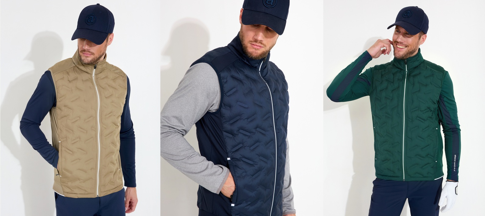 A collage of a man modeling the same quilted vest in three different colors: tan, navy, and green.