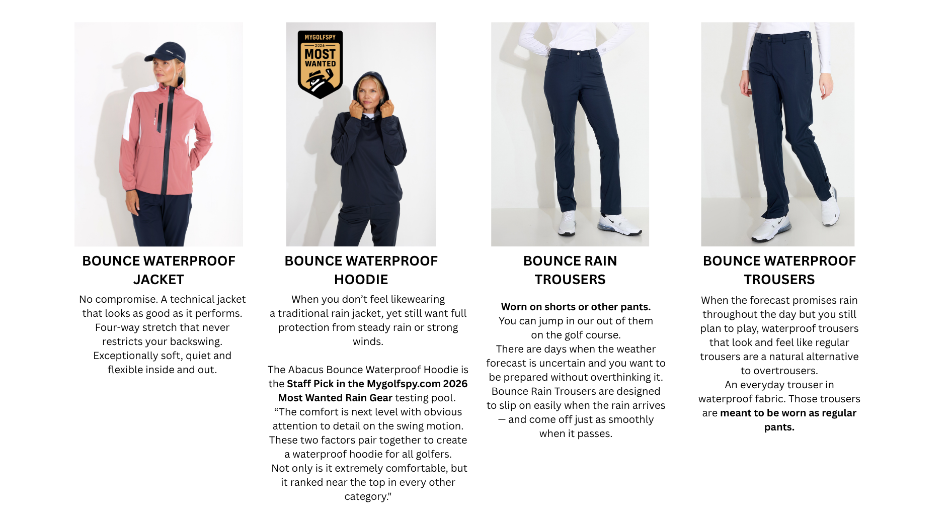 Four images of a woman modeling golf apparel: a jacket, a hoodie, and two pairs of trousers.