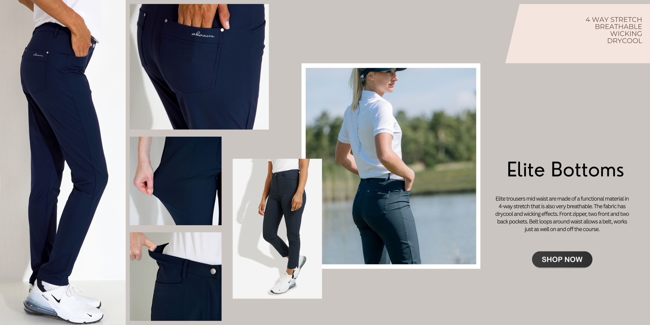 Collage of navy blue pants with close-ups and a person wearing them outdoors.