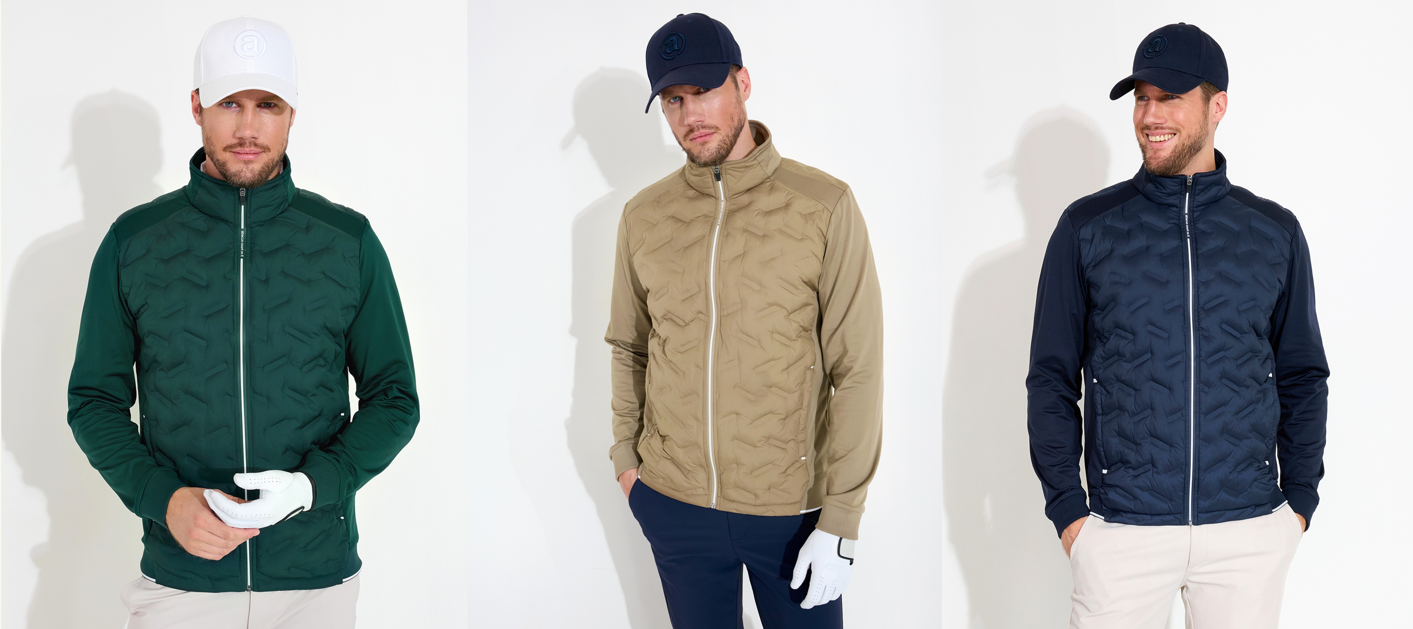 A man models a quilted zip-up jacket, shown side-by-side in green, tan, and navy blue.