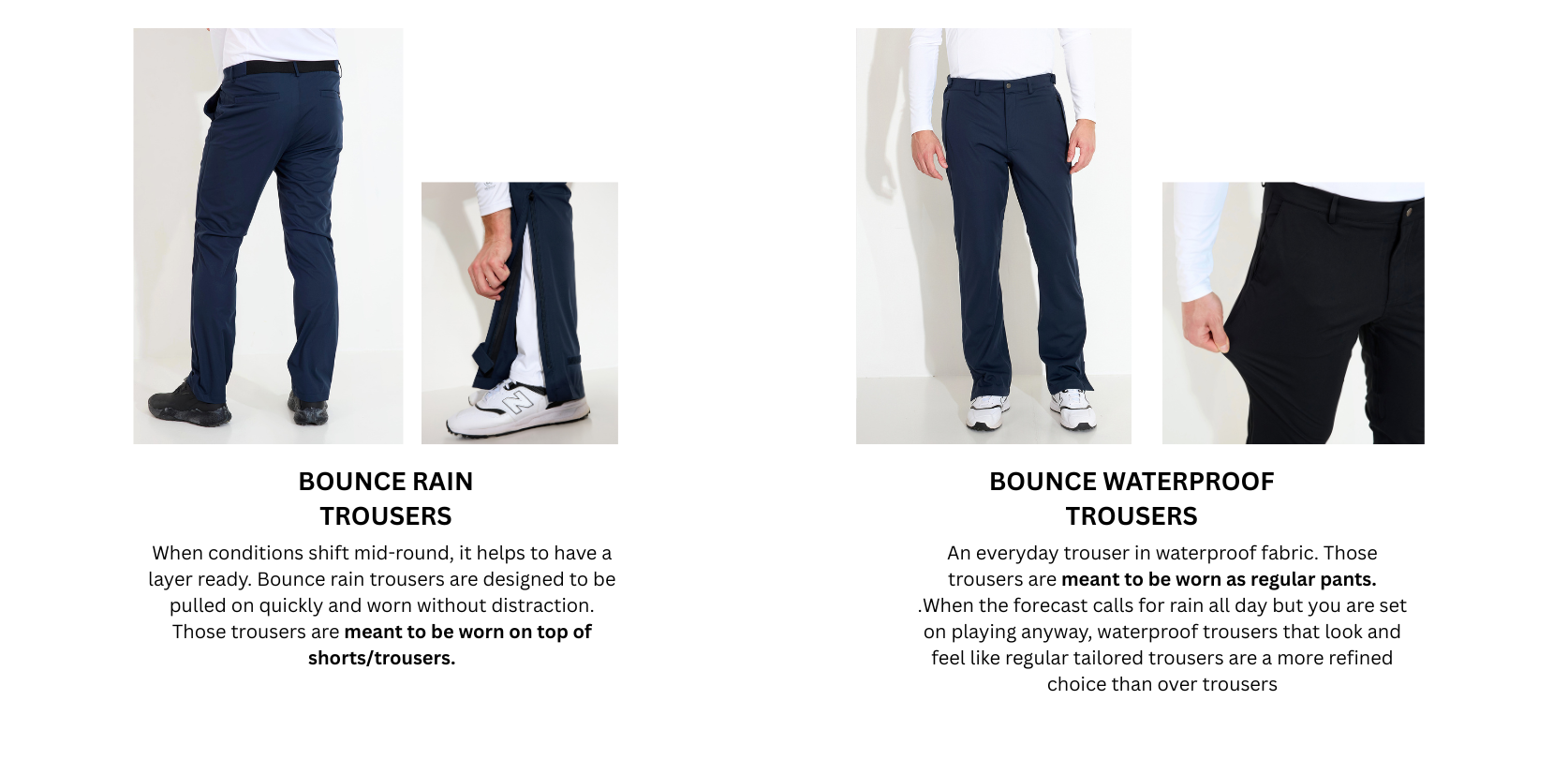 A comparison between Bounce Rain Trousers and Bounce Waterproof Trousers, with models demonstrating their features.