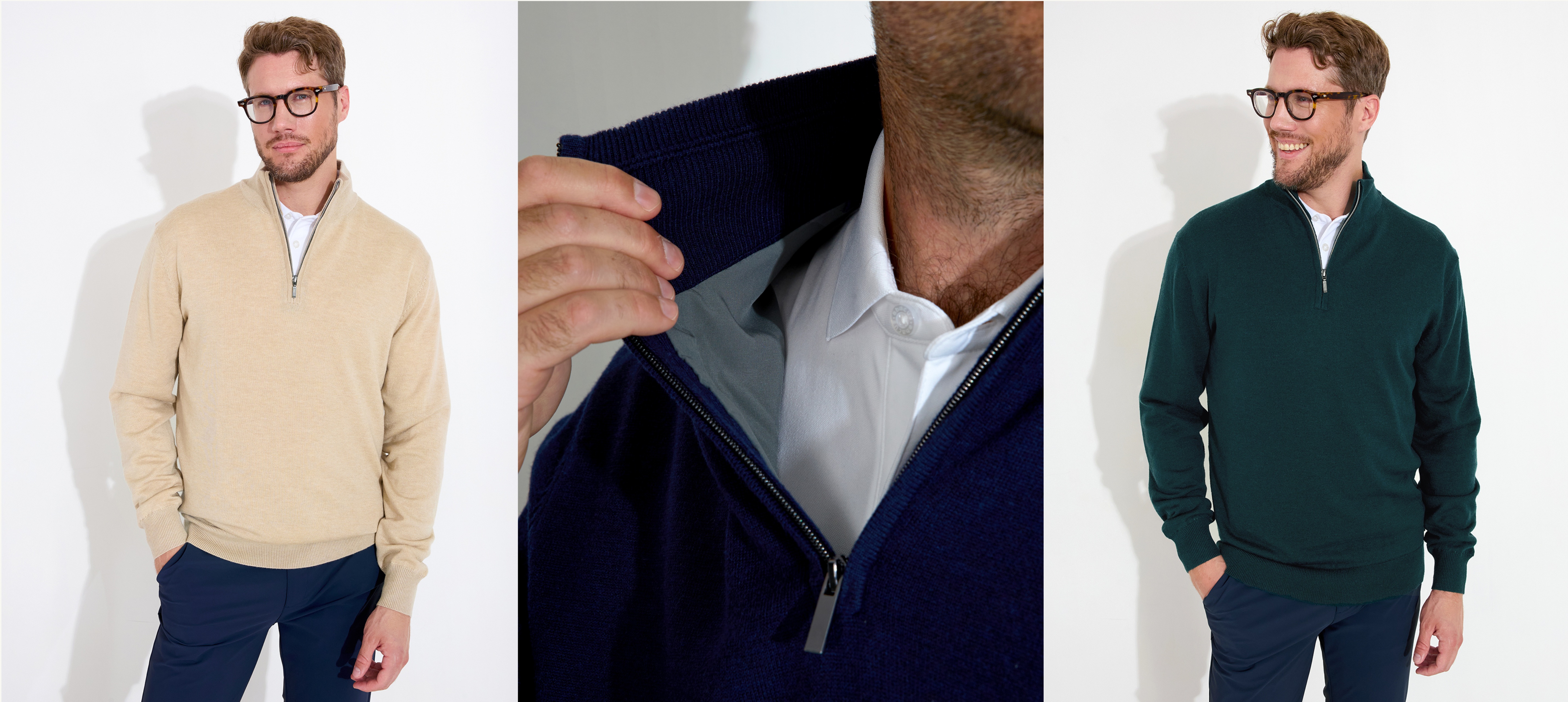 A collage showing a man modeling a zip-up fleece jacket in tan, green, and dark blue.