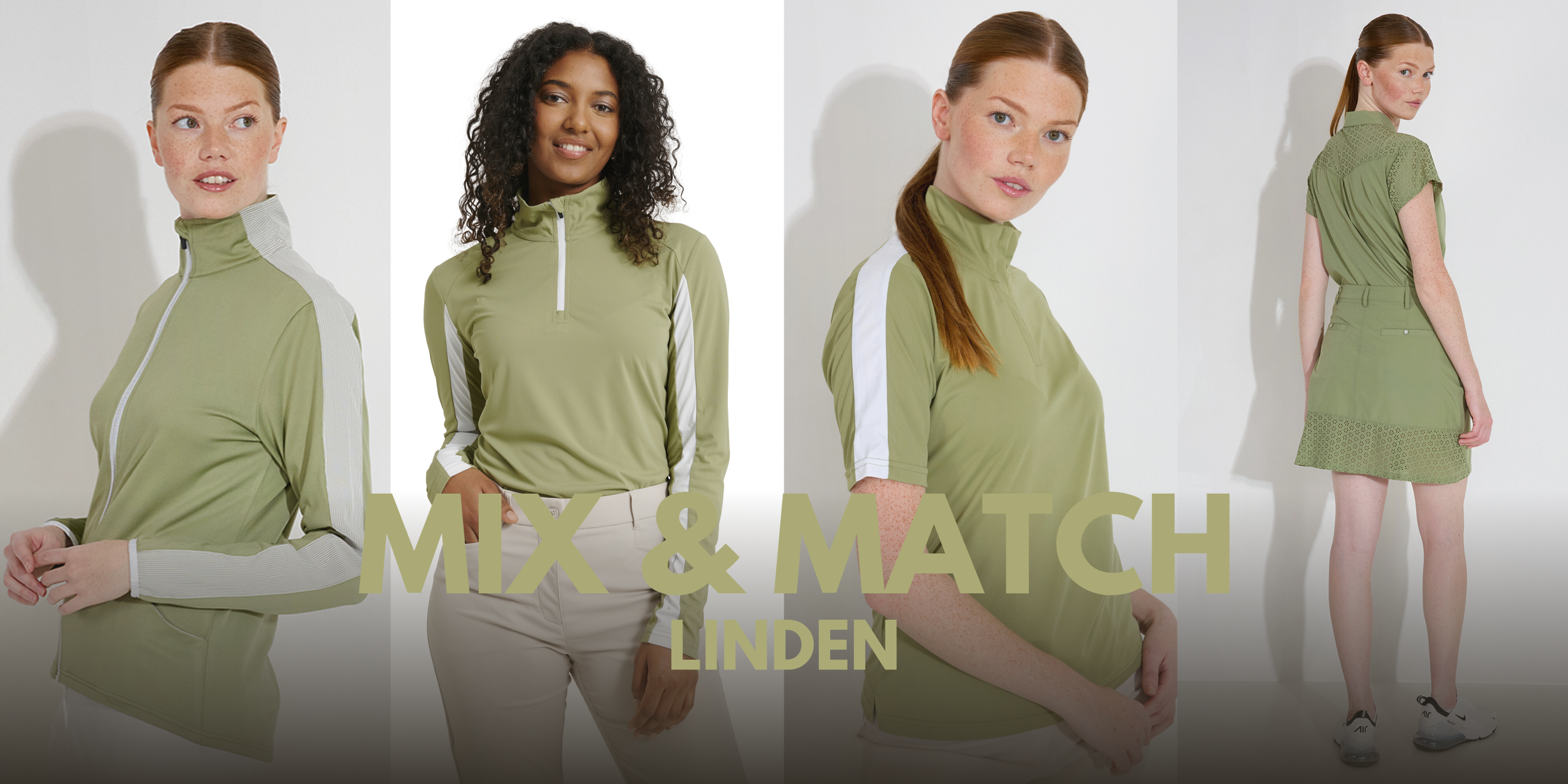 Four women modeling green and white sportswear with 'Mix & Match Linden' text overlay.