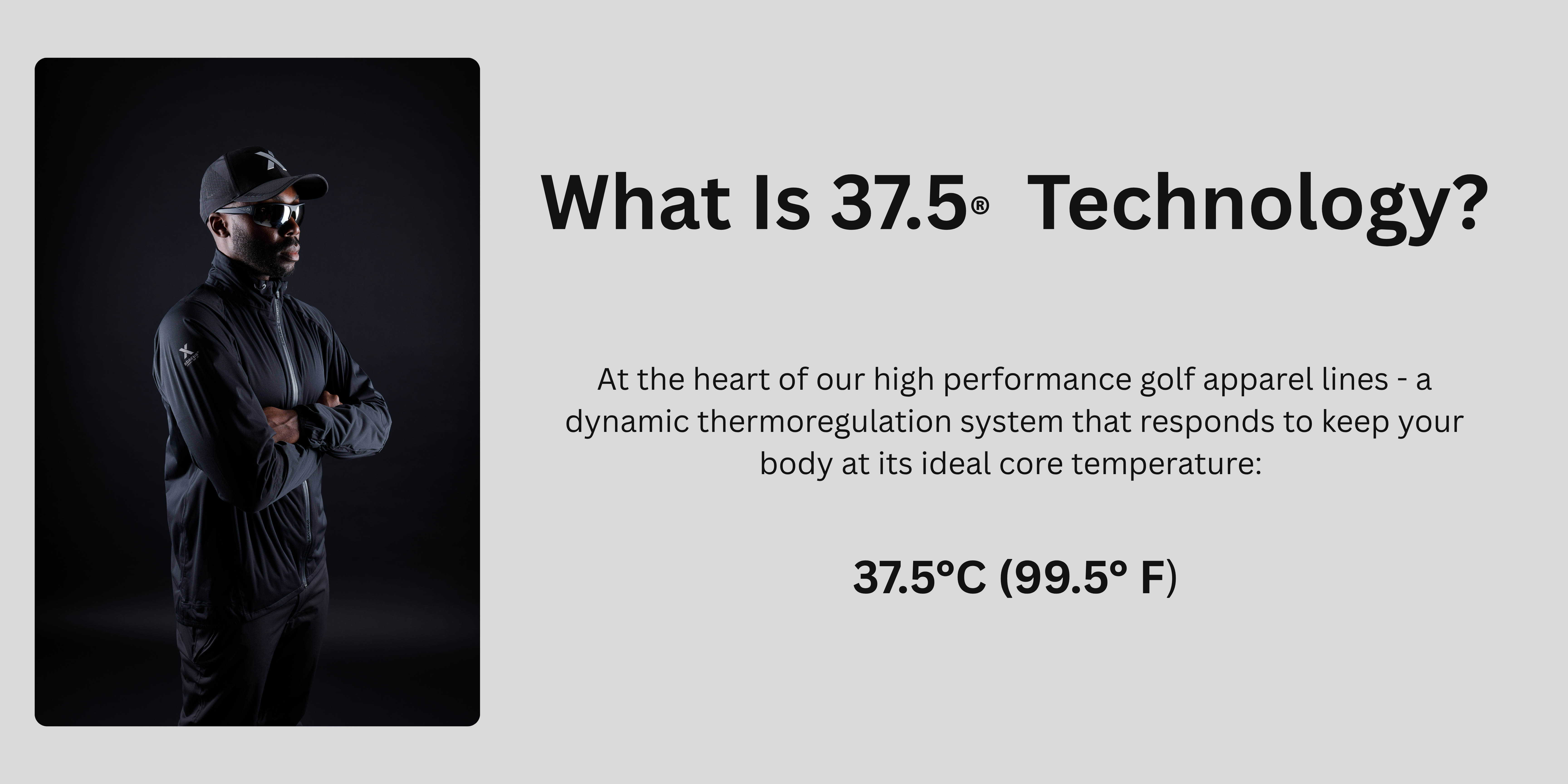 Man in black sportswear on left; text about 37.5°C technology on right.