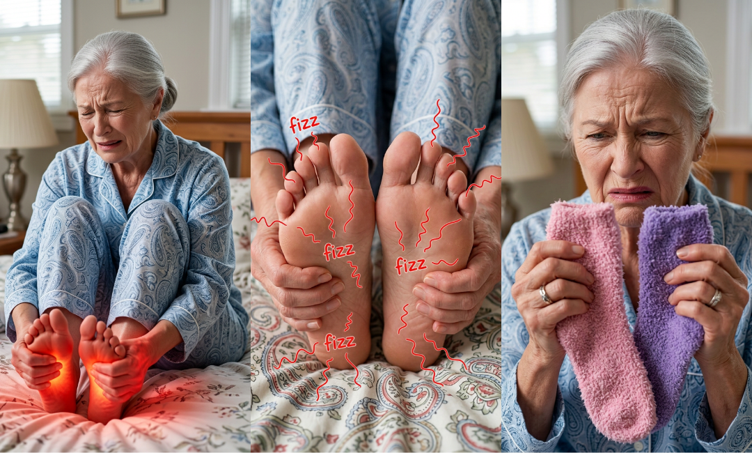 A triptych showing an elderly woman in pajamas experiencing foot pain, tingling sensations, and holding fuzzy socks.