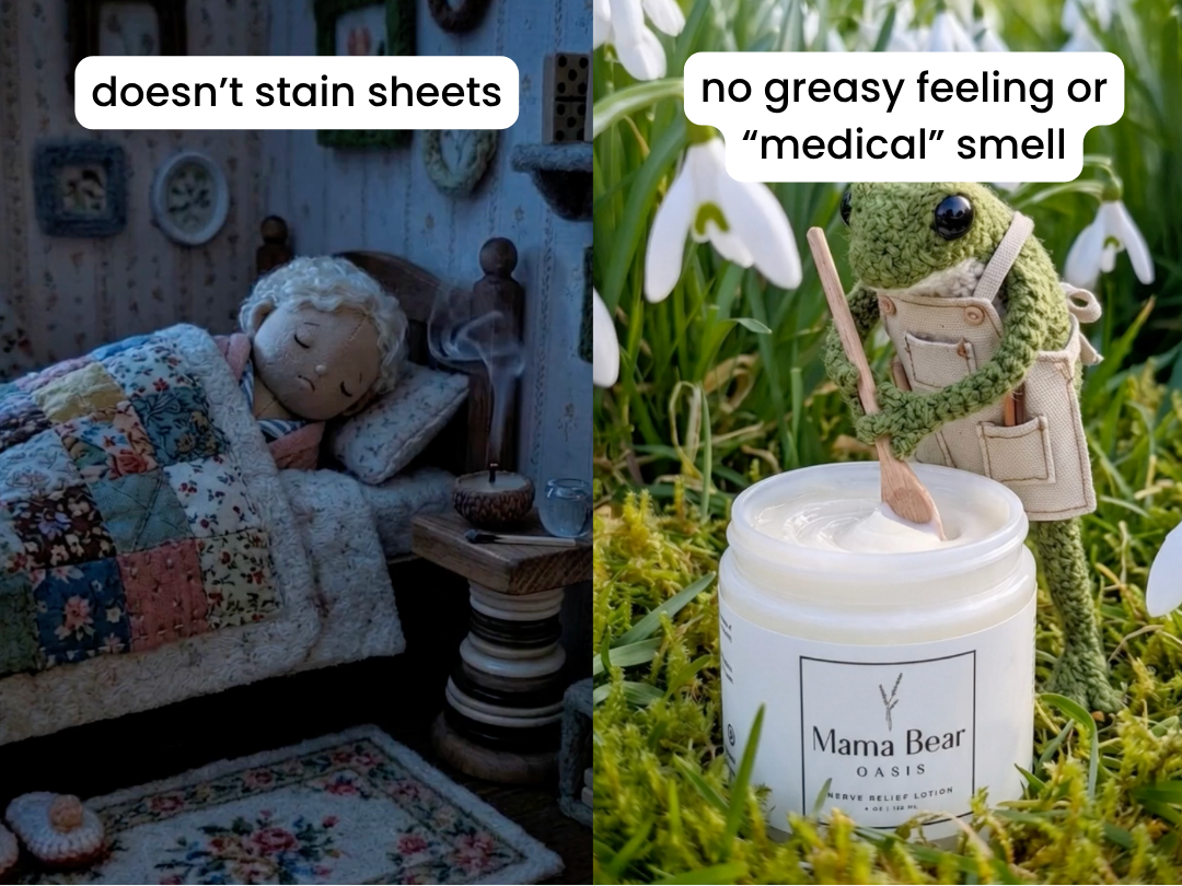 A split-panel image showing a doll sleeping and a crocheted frog stirring a jar of lotion.