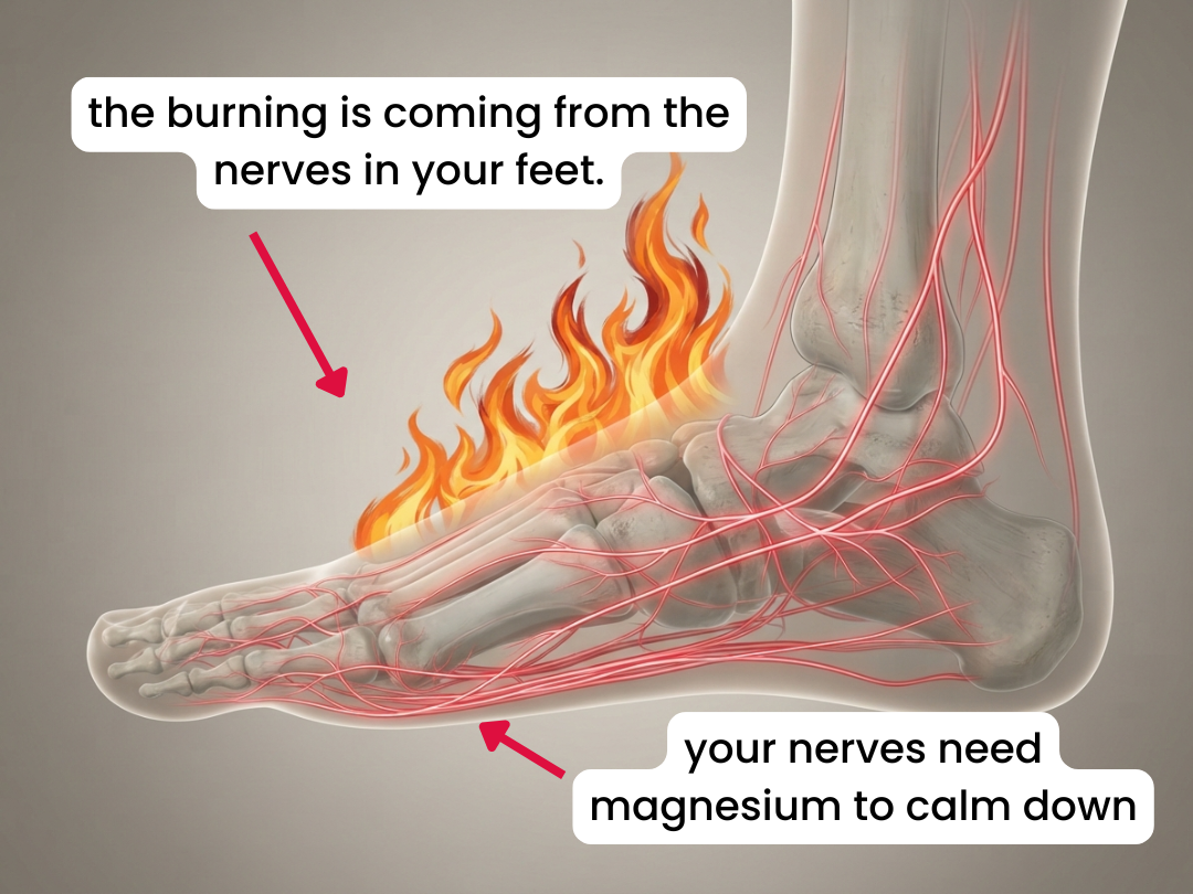 Anatomical illustration of a foot with nerves and bones, showing flames to represent a burning sensation.