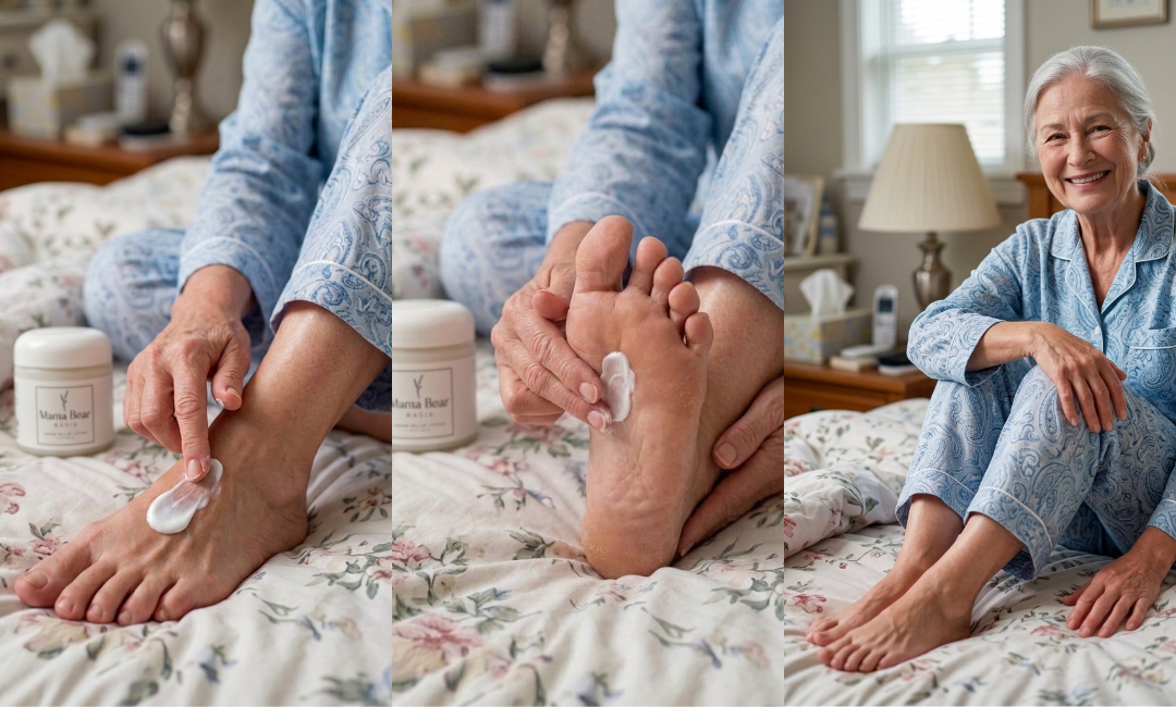 An older woman in blue pajamas sits on a bed and applies cream to her feet.