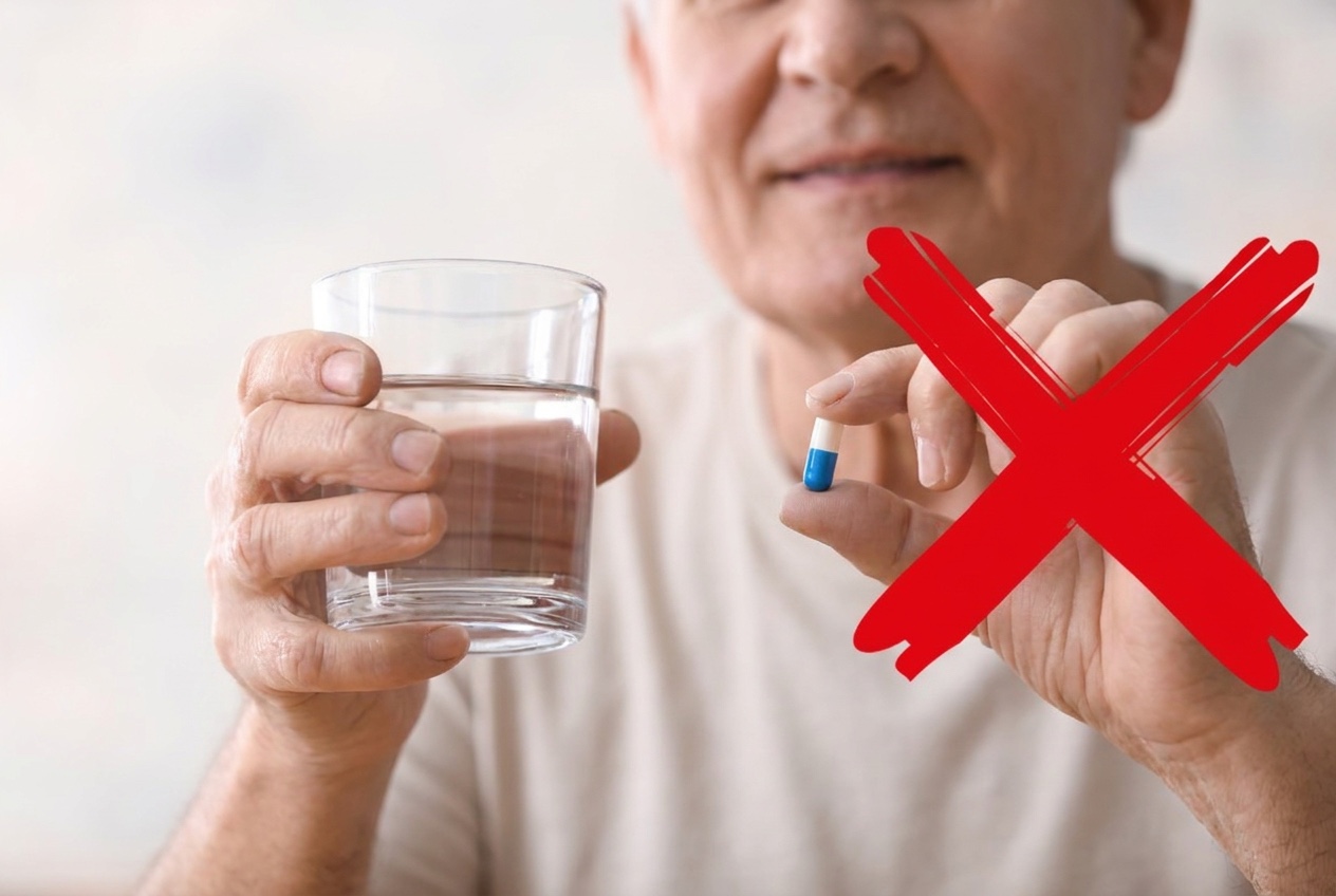 An older man holds a glass of water and a pill, with a large red X over the pill.