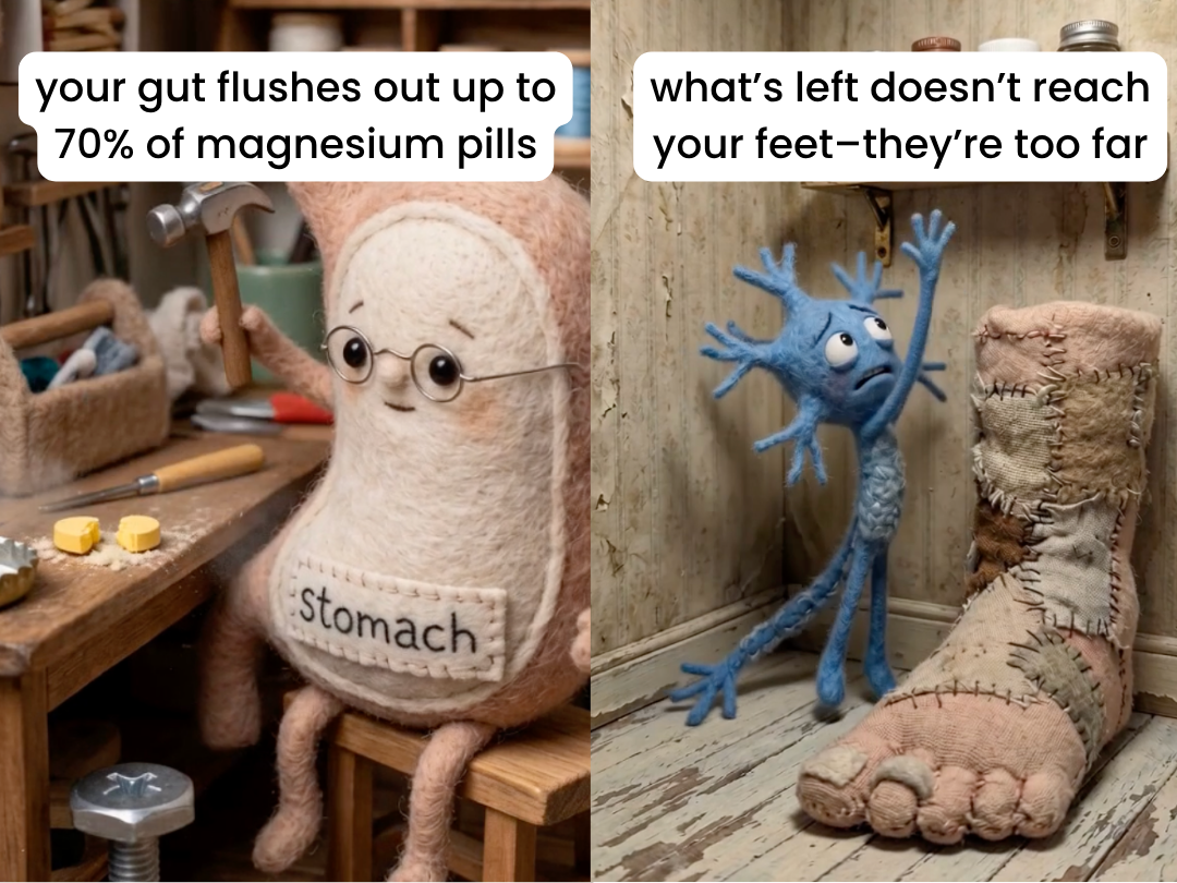 A two-panel image with felt figures: a stomach breaking pills and a neuron reaching for a patched foot.