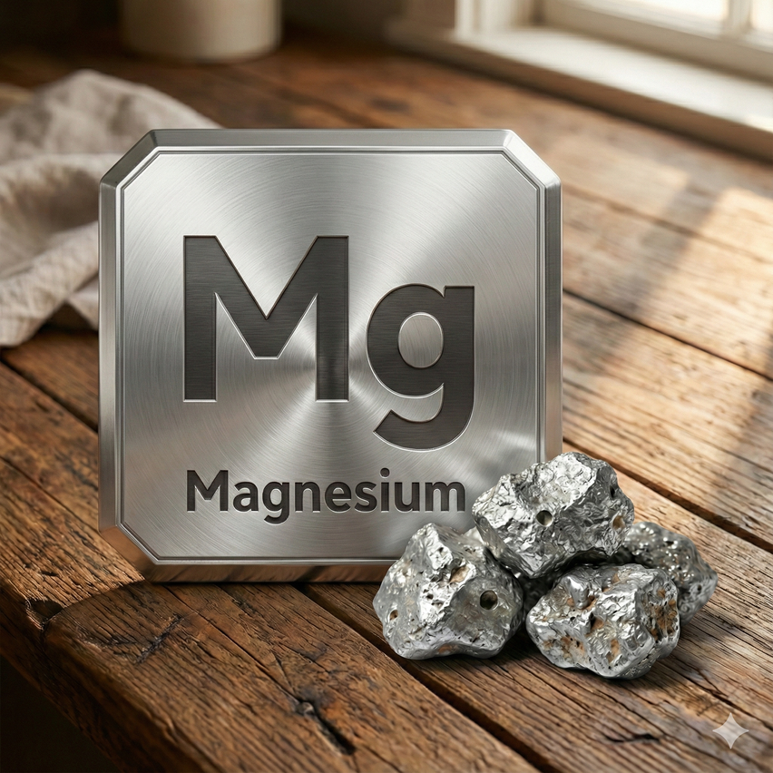 A metal plaque for Magnesium (Mg) sits on a wooden table next to several chunks of the element.