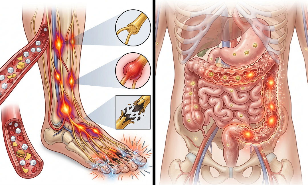 Medical diagrams showing damaged nerves in a leg and foot, and inflamed digestive organs in a torso.