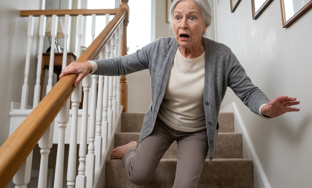 An elderly woman with a shocked expression falling down a carpeted staircase.