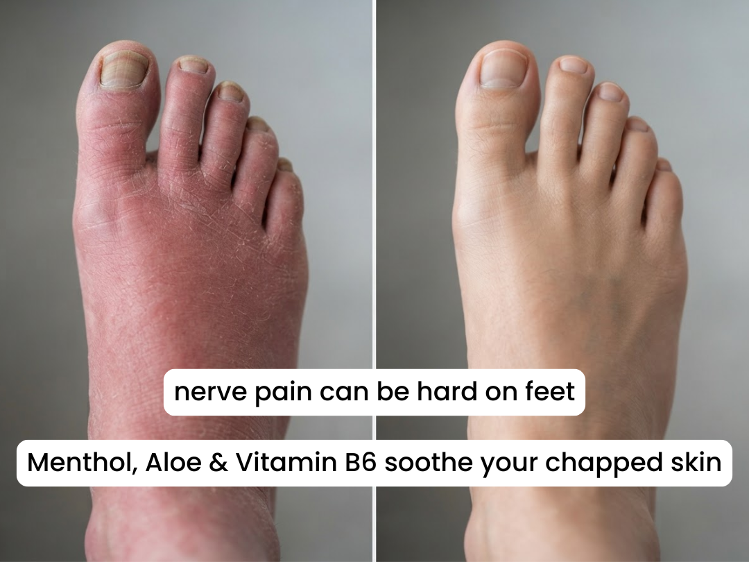 A before-and-after image showing a red, chapped foot on the left and a healthy foot on the right.