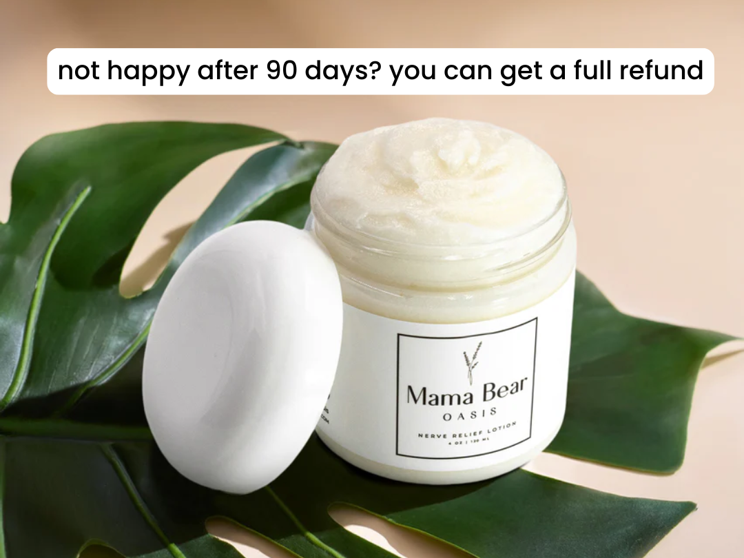 A jar of Mama Bear Oasis Nerve Relief Lotion sits on a monstera leaf next to a white stone.