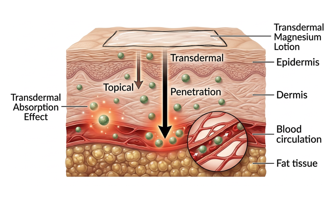 A diagram showing how transdermal lotion penetrates skin layers to enter the bloodstream.