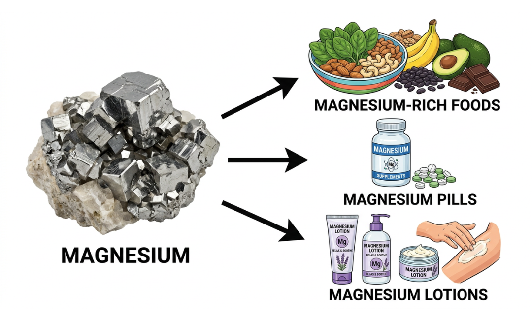 An infographic showing magnesium mineral and its uses in foods, pills, and lotions.