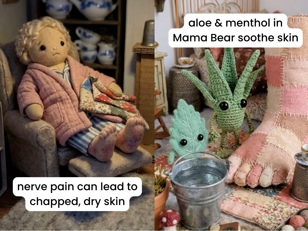 A diptych showing a sad doll with sore feet and crocheted aloe and mint figures next to a foot.