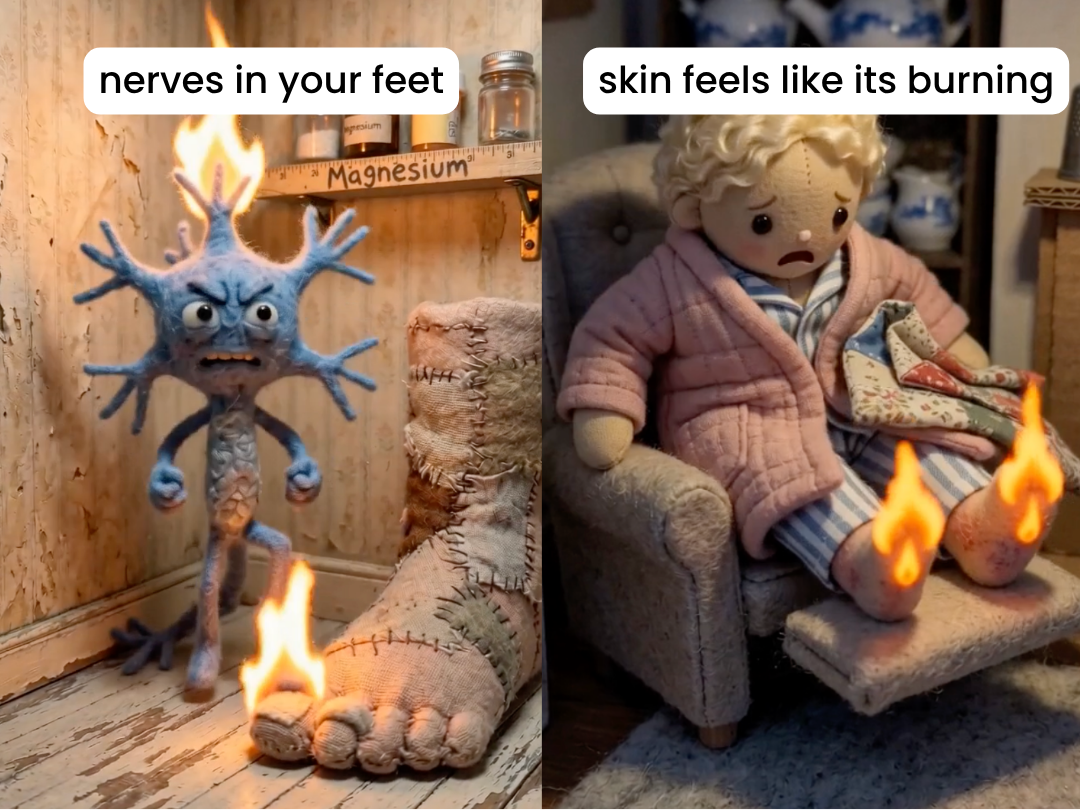 A two-panel image with felt figures illustrating burning pain in the feet with flames.