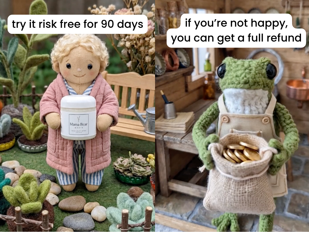 A two-panel image showing a doll holding lotion and a crocheted frog holding a bag of coins.