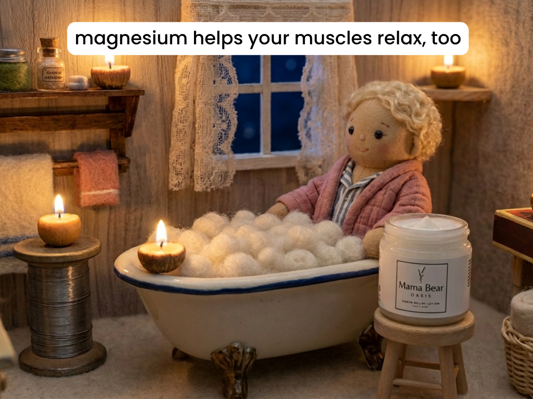 A cloth doll in a robe sits in a miniature candle-lit bubble bath next to a jar of lotion.