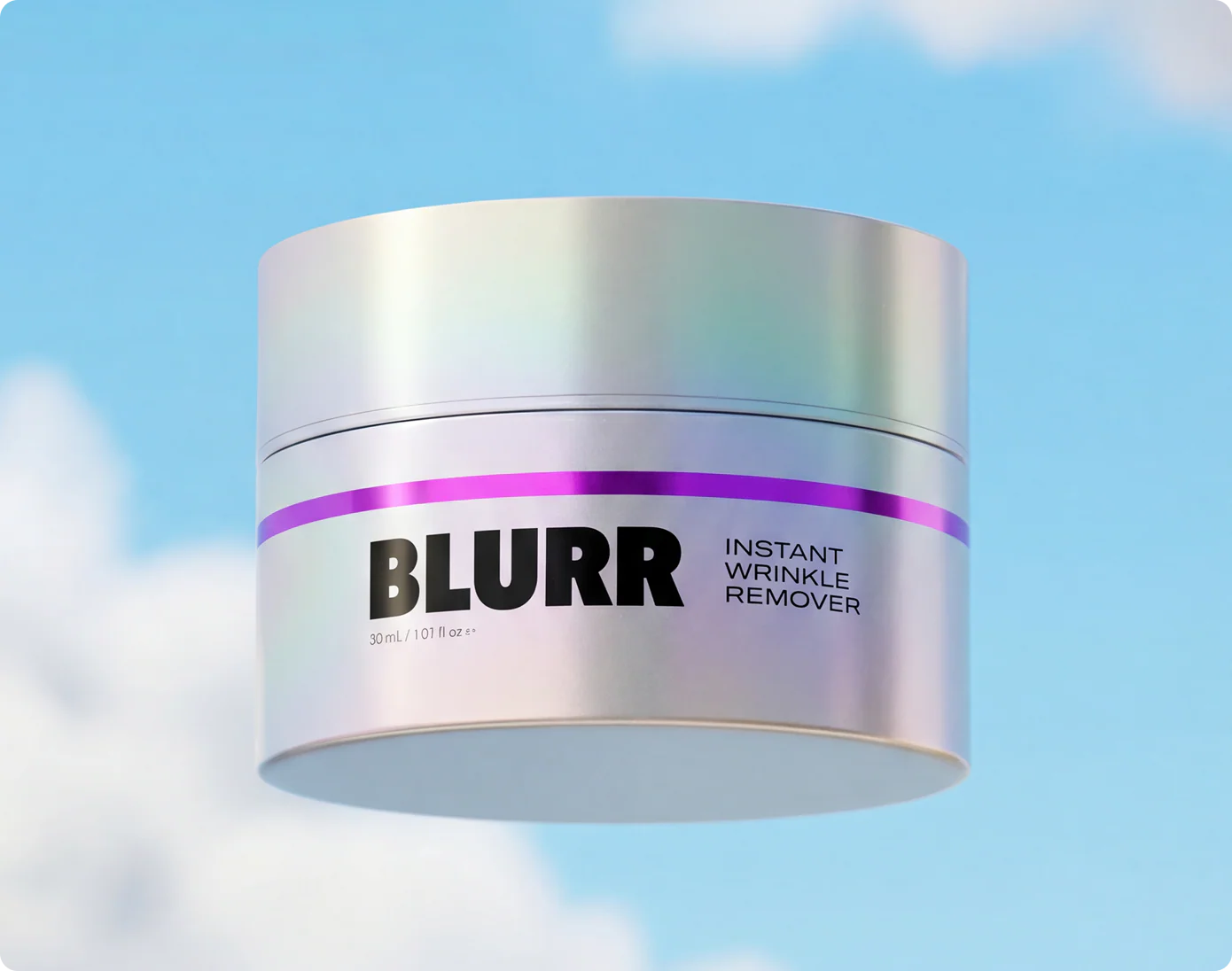 A jar of Blurr Instant Wrinkle Remover floating against a cloudy blue sky.