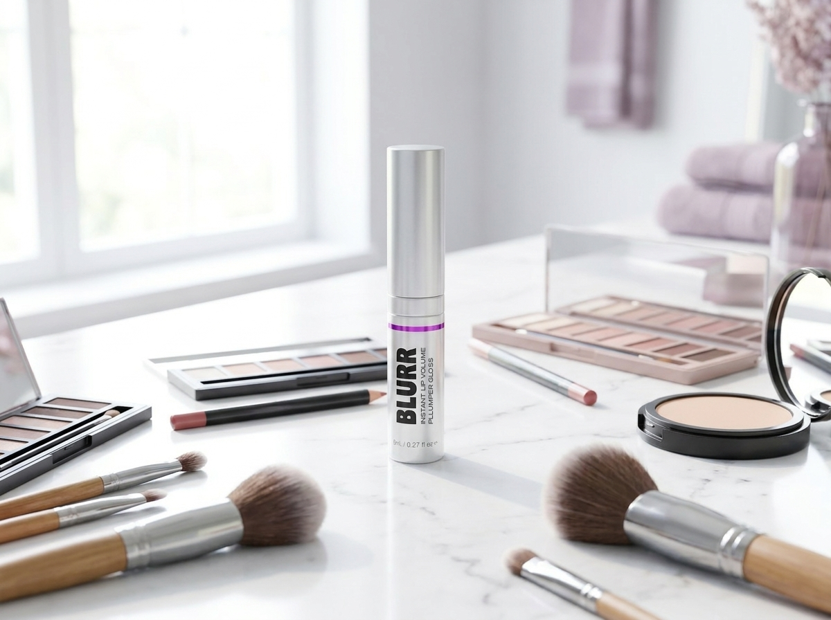 A tube of BLURR lip gloss sits on a marble vanity surrounded by makeup brushes and palettes.