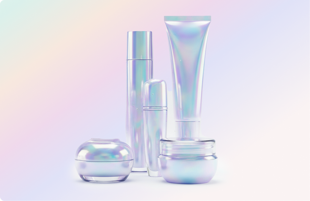A collection of various iridescent cosmetic product containers against a soft, pastel-colored background.