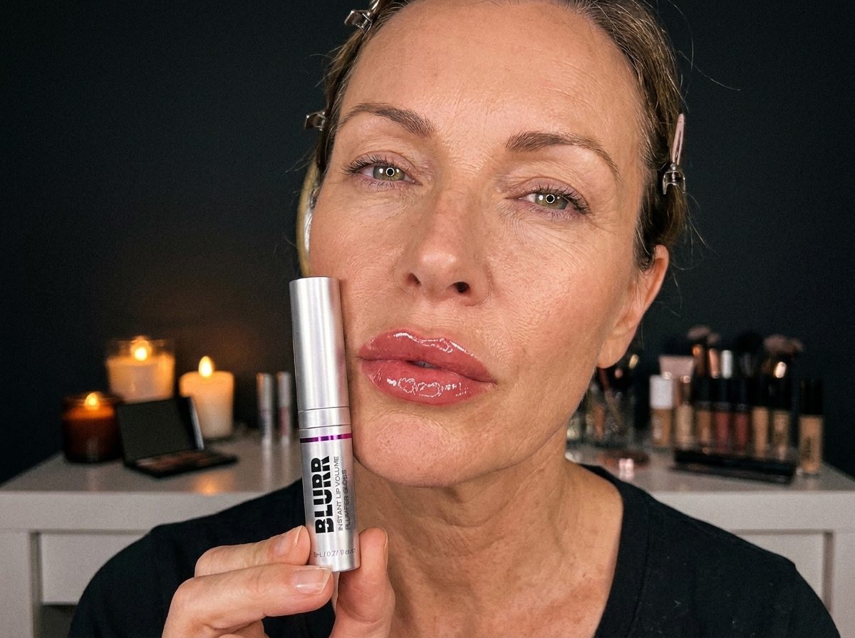A woman with glossy lips holds up a silver tube of Blurr lip plumper gloss.